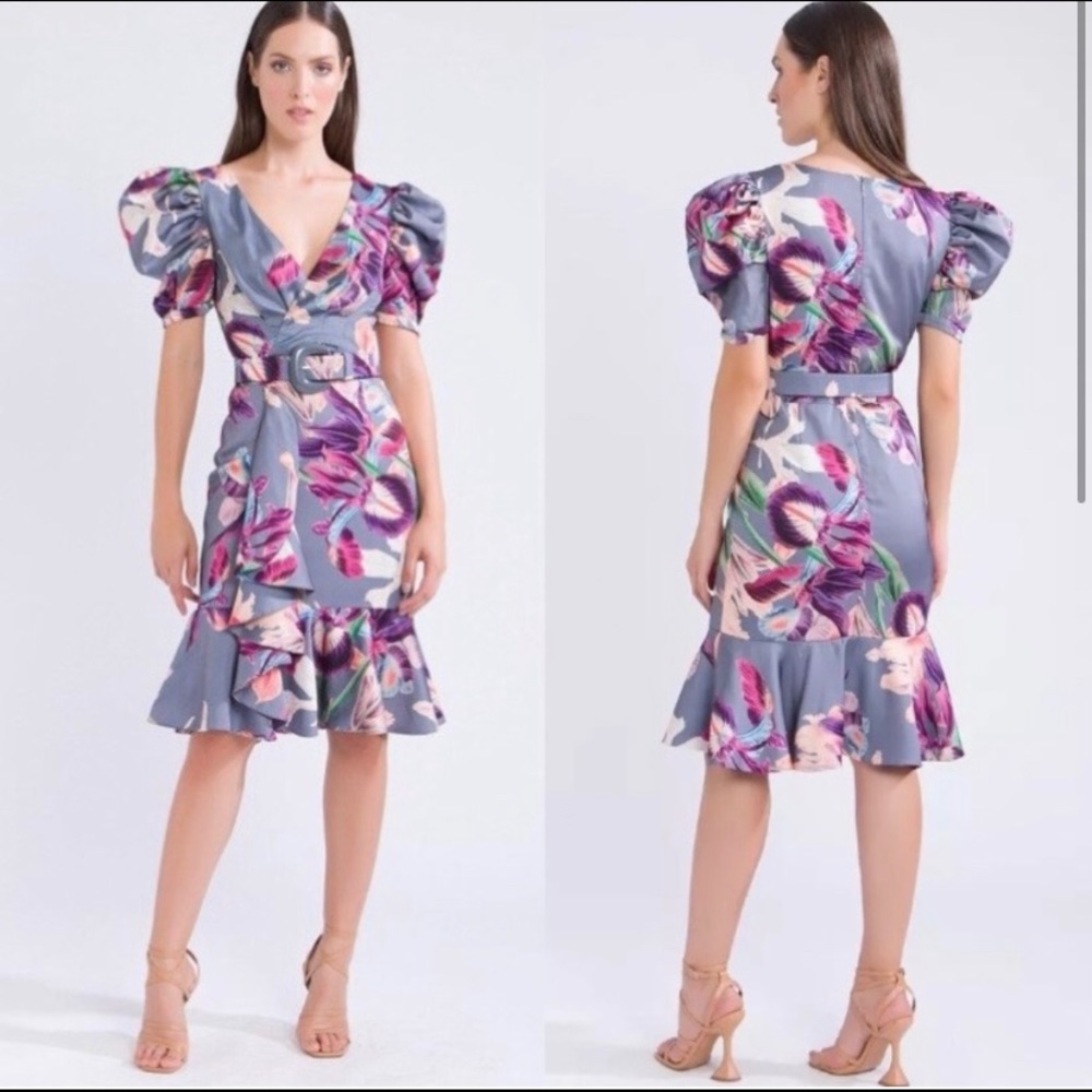 NWT PatBo Grace Dress Women’s 0 Floral Print Puff Sleeve Ruffle Dusk Gray Midi